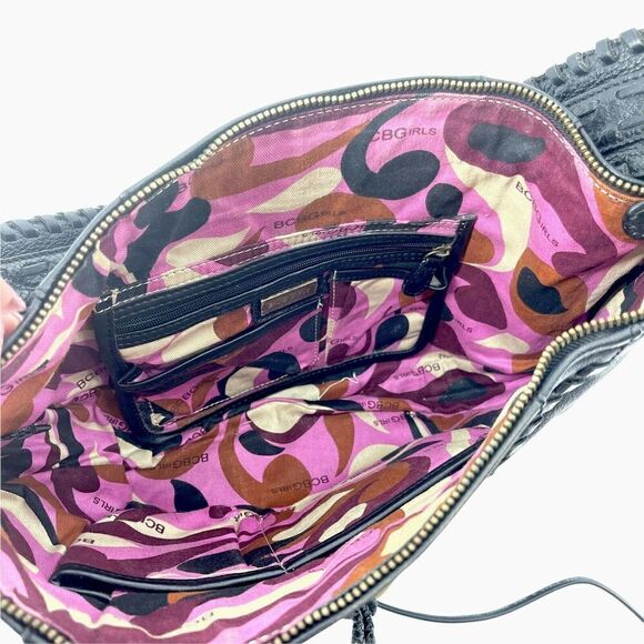 BCBGirls Black Leather Boho Southwestern Hobo Tassel Purse Whipstitch Handbag - Picture 8 of 9